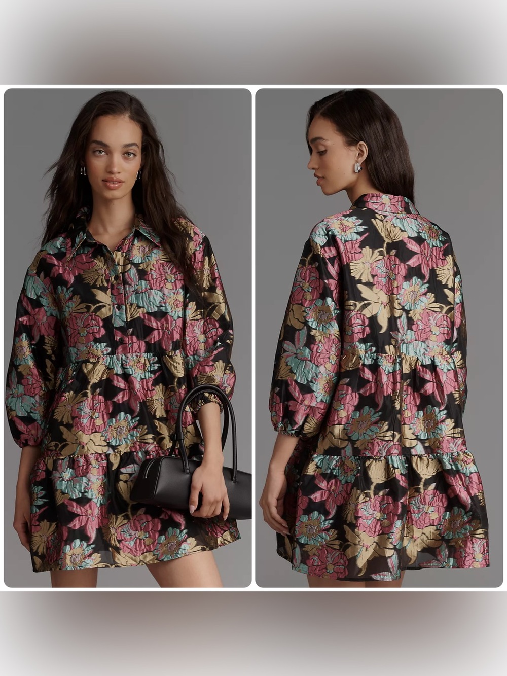 Anthropologie The Bettina Tiered Jacquard Floral Mini Shirt Dress XS Petite